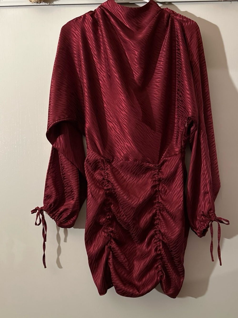 4SI3NNA Satin Ruched Long-Sleeve Dress in Burgundy Red